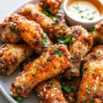 Delicious Garlic Parmesan Wings served on a plate with herbs