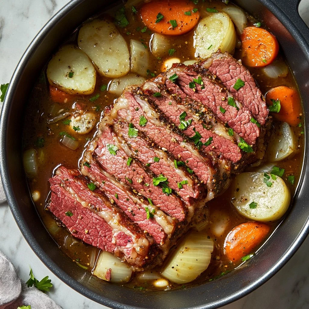 Deliciously prepared corned beef and cabbage served on a plate