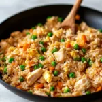 Delicious bowl of better-than-takeout chicken fried rice with vegetables