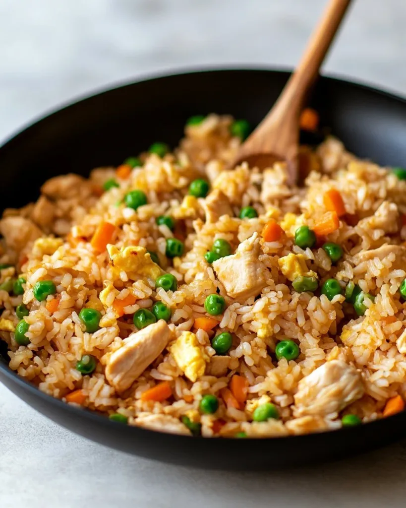 Delicious bowl of better-than-takeout chicken fried rice with vegetables