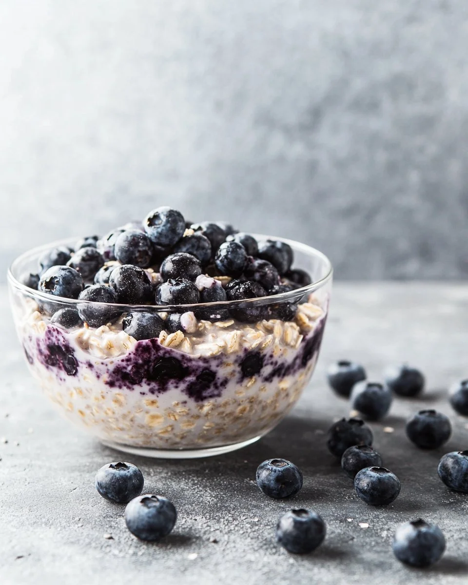 Bowl of blueberry overnight oats topped with fresh blueberries and almonds.
