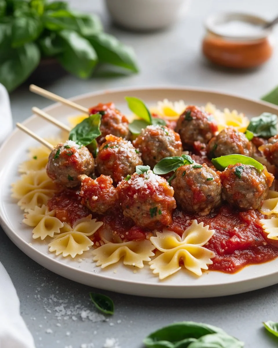 Bowtie pasta and cocktail meatball skewers on a serving platter