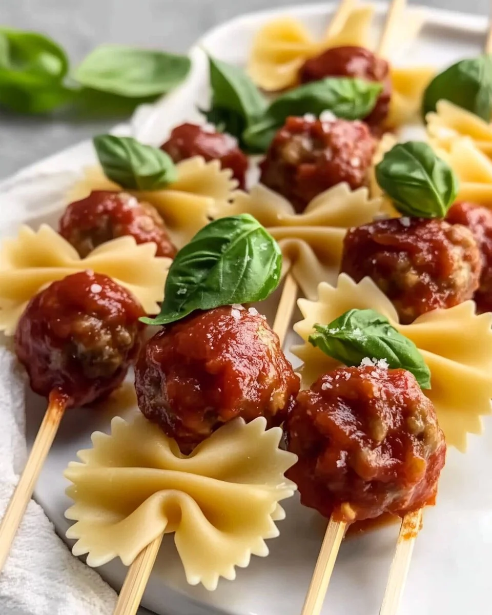 Bowtie Pasta and Cocktail Meatball Skewers