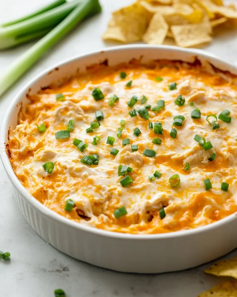 Creamy Buffalo Chicken Dip served in a bowl with tortilla chips