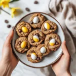 Freshly baked Cadbury Egg Cookies with chocolate and cream filling