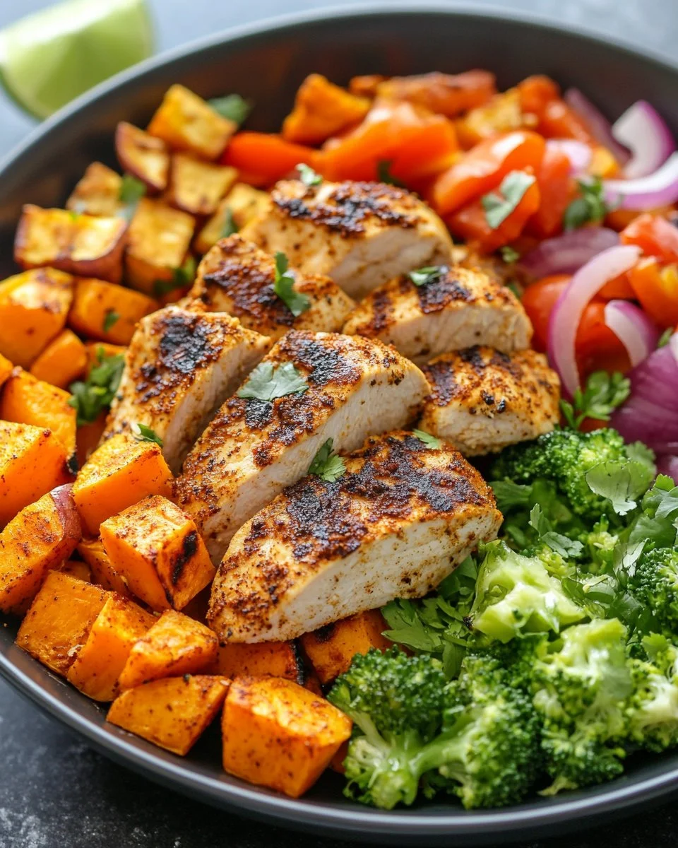 Delicious Cajun Chicken & Sweet Potato Bowls served in a vibrant dish