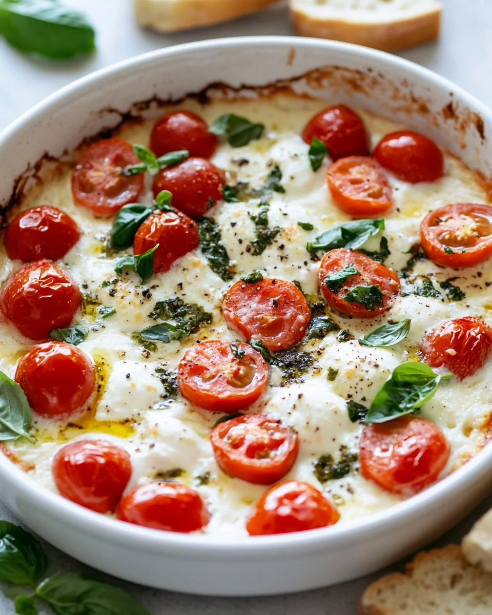 Creamy Caprese Dip featuring fresh tomatoes, mozzarella, and basil made for sharing