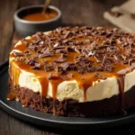 Delicious Caramel Brownie Cheesecake topped with drizzled caramel sauce