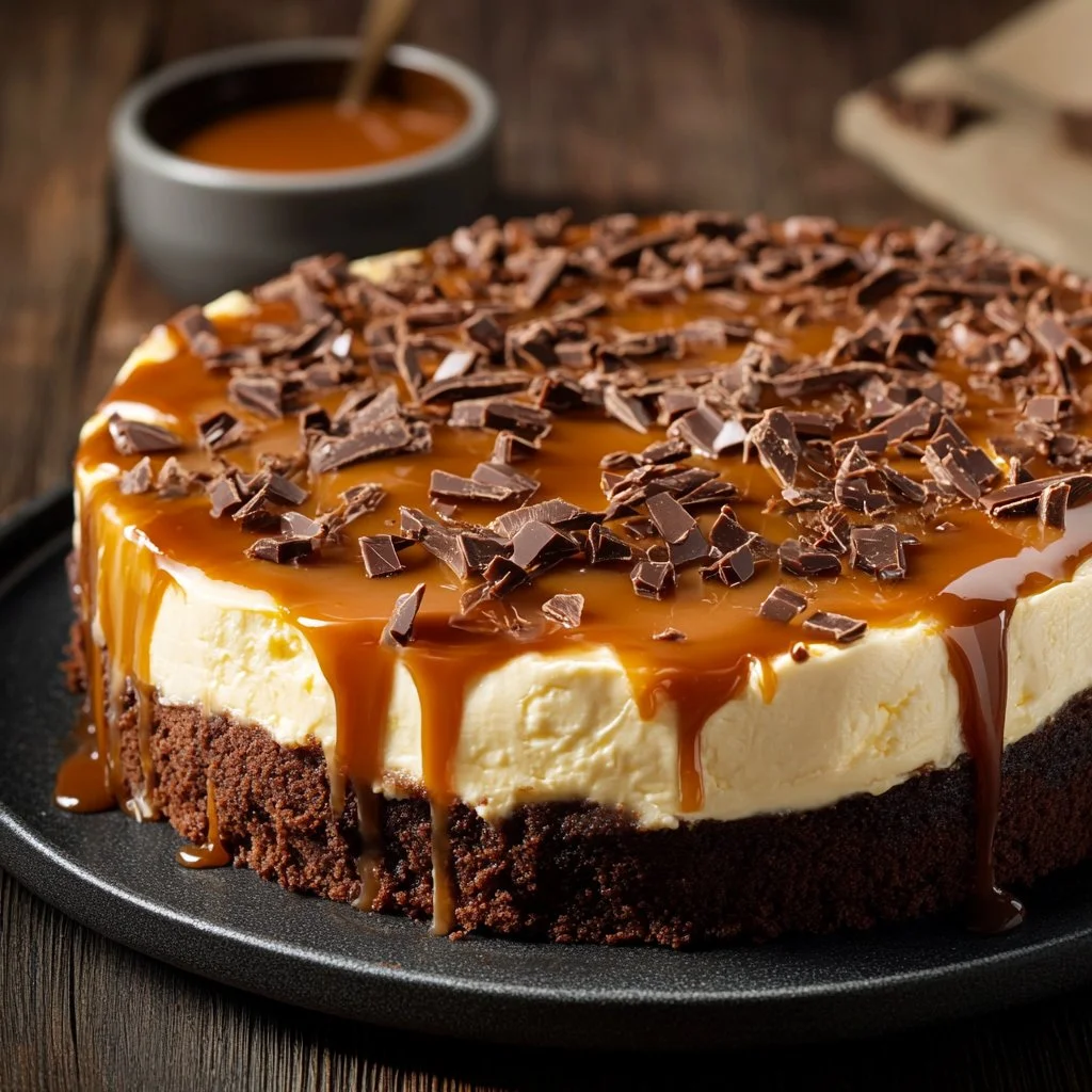 Delicious Caramel Brownie Cheesecake topped with drizzled caramel sauce