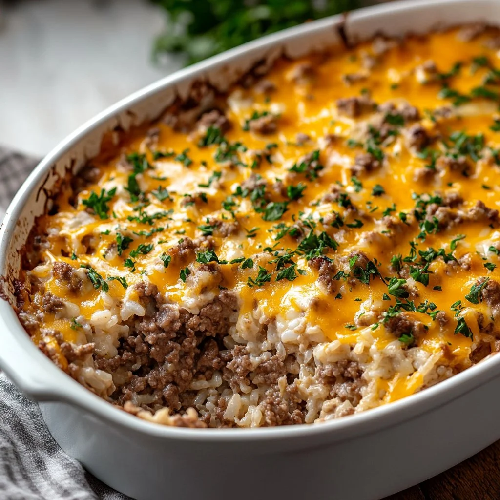 Cheesy Ground Beef and Rice Casserole topped with melted cheese in a baking dish