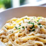Delicious Chicken Alfredo pasta topped with grilled chicken and parmesan cheese