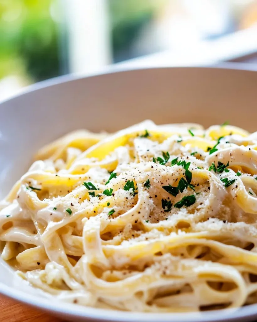 Delicious Chicken Alfredo pasta topped with grilled chicken and parmesan cheese