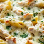 Creamy Chicken Alfredo Pasta Bake topped with cheese and herbs