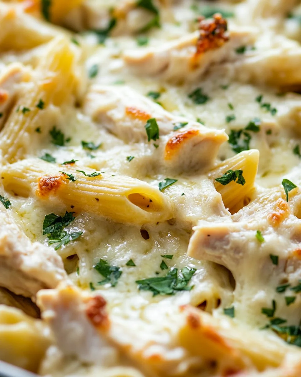 Creamy Chicken Alfredo Pasta Bake topped with cheese and herbs
