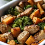Healthy chicken and sweet potato meal prep containers on a kitchen counter.