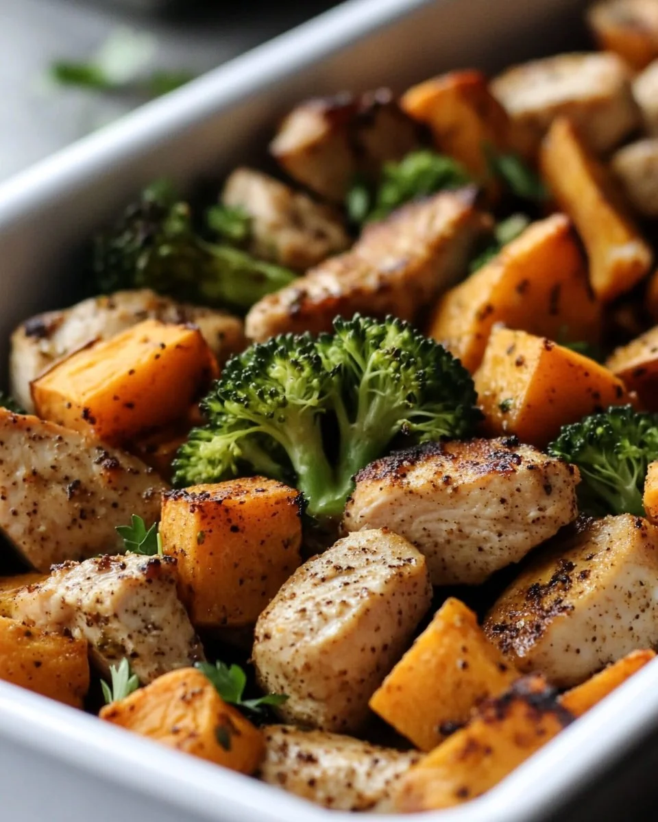 Healthy chicken and sweet potato meal prep containers on a kitchen counter.