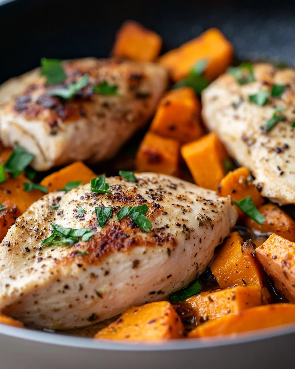 Delicious Chicken and Sweet Potato Skillet served in a pan