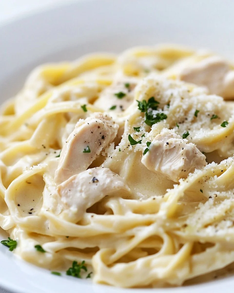 Delicious Chicken Fettuccine Alfredo with creamy sauce and fettuccine pasta