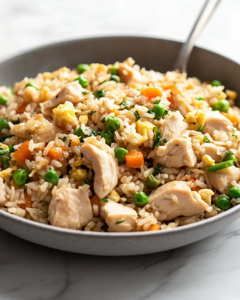 Delicious Chicken Fried Rice with vegetables and chicken on a plate