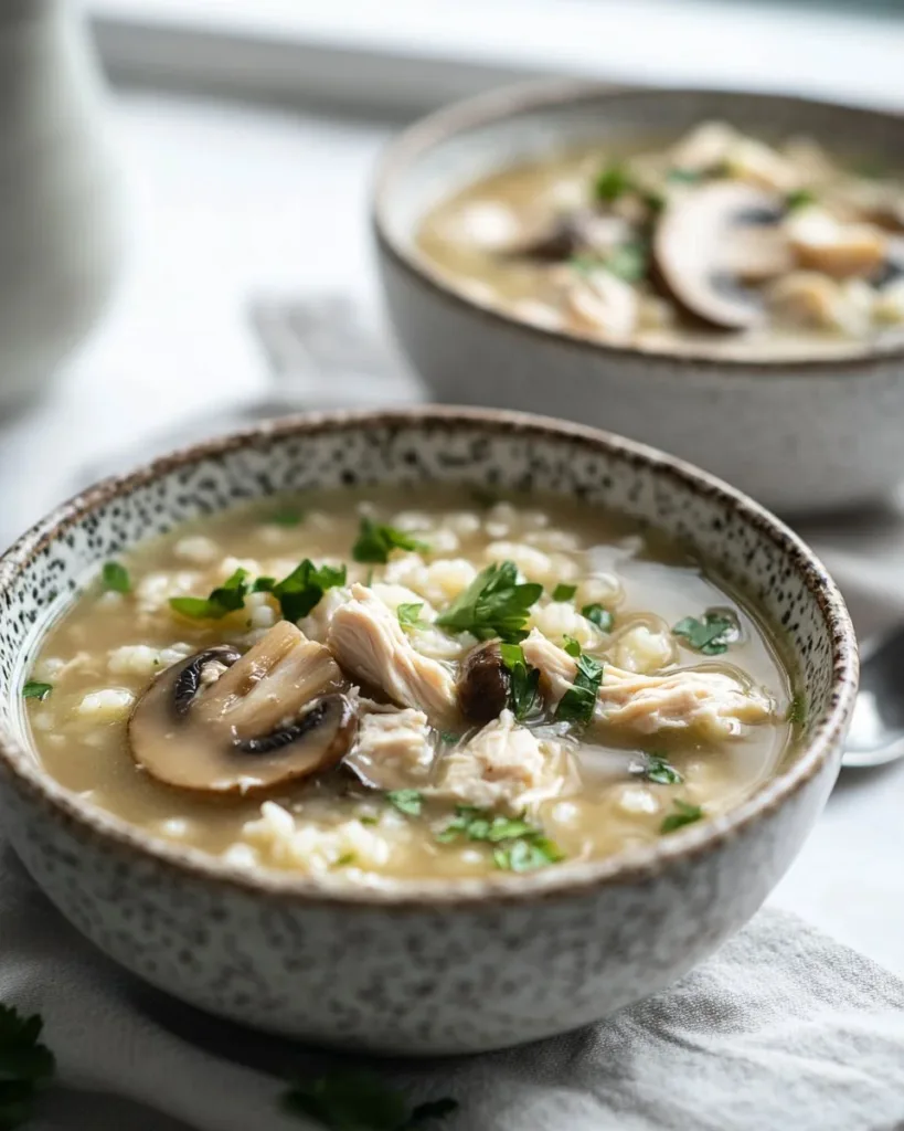 Chicken Mushroom Soup Bowl of delicious Chicken Mushroom Soup garnished with herbs