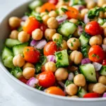 Delicious chickpea salad with fresh vegetables and dressing