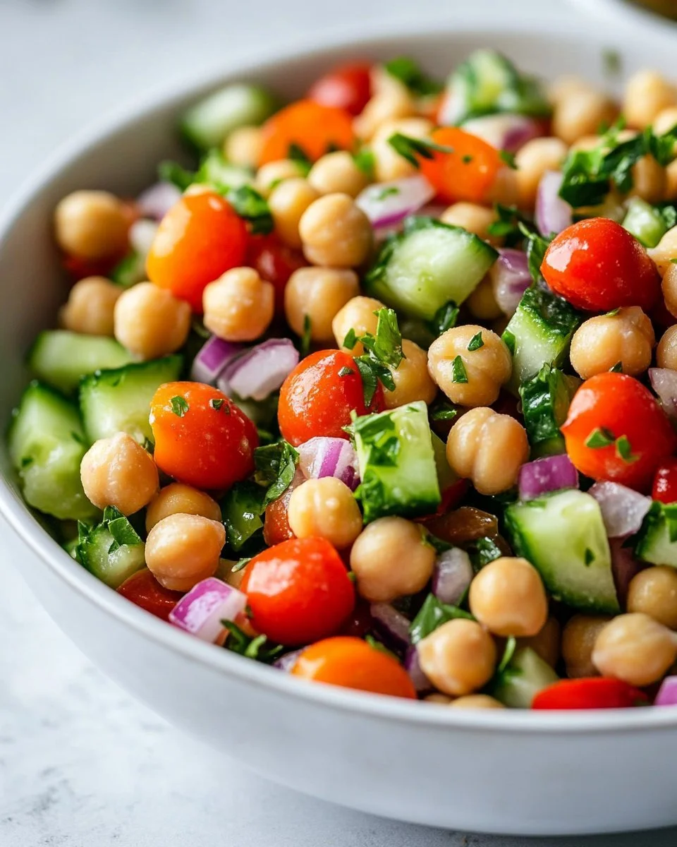 Delicious chickpea salad with fresh vegetables and dressing