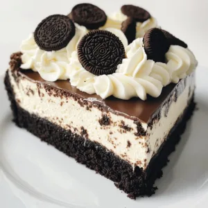Slice of decadent Chocolate Oreo Cheesecake on a plate