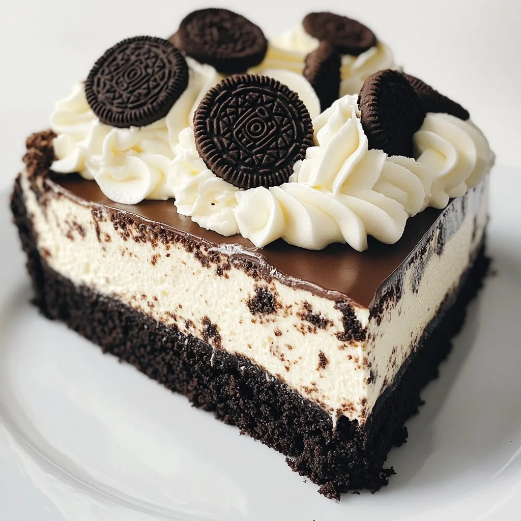Slice of decadent Chocolate Oreo Cheesecake on a plate