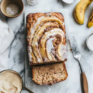 Sliced cinnamon roll banana bread on a wooden board with cinnamon swirls