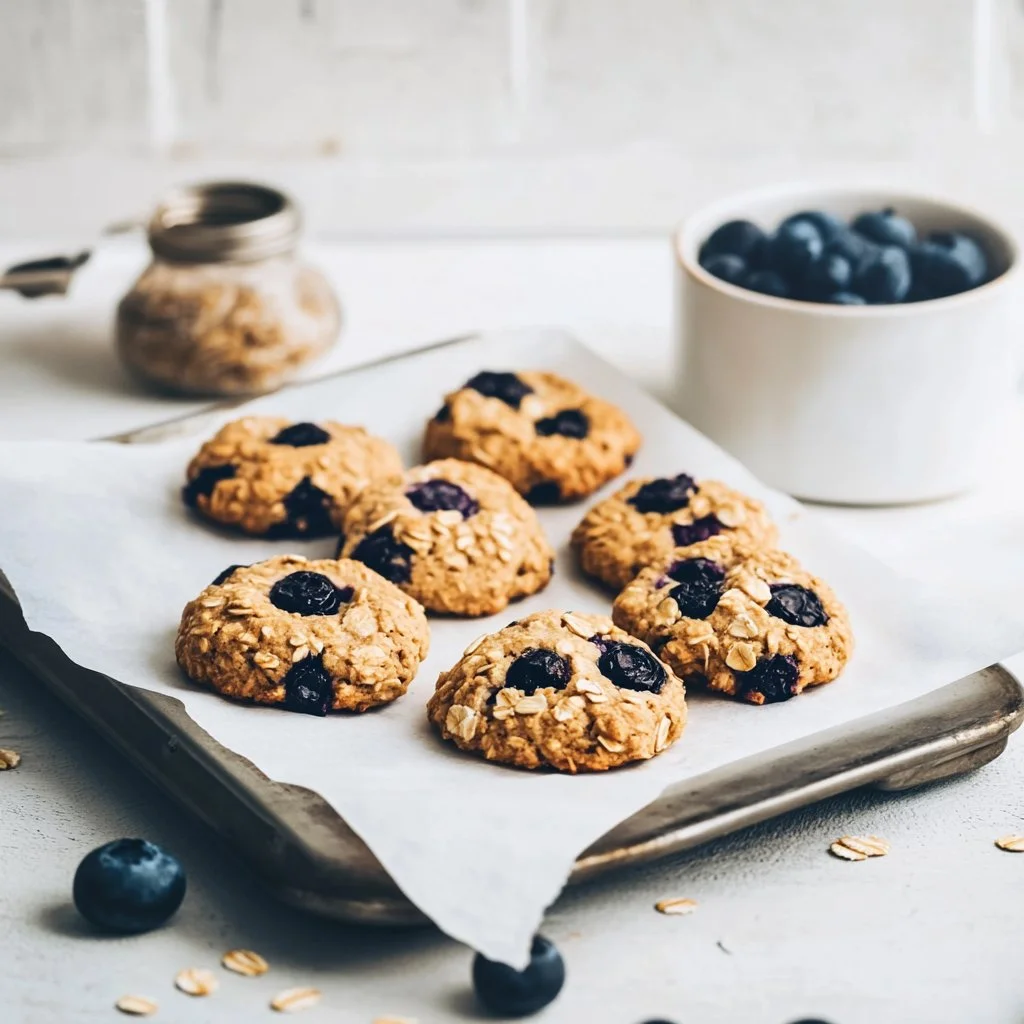 Classic blueberry oatmeal cookies on a cooling rack with fresh blueberries beside them.