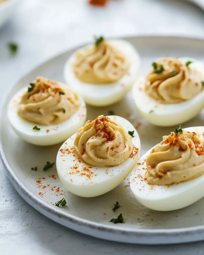 Classic Deviled Eggs Classic deviled eggs arranged on a platter, ready to be served as an appetizer.