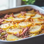 A mouthwatering corned beef and cabbage casserole served in a dish