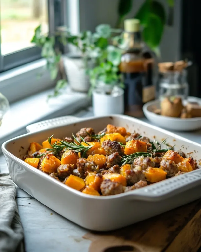 Cozy Butternut Squash & Sausage Casserole Cozy butternut squash and sausage casserole baked to perfection.