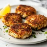 Delicious homemade crab cakes served on a plate with garnishes.