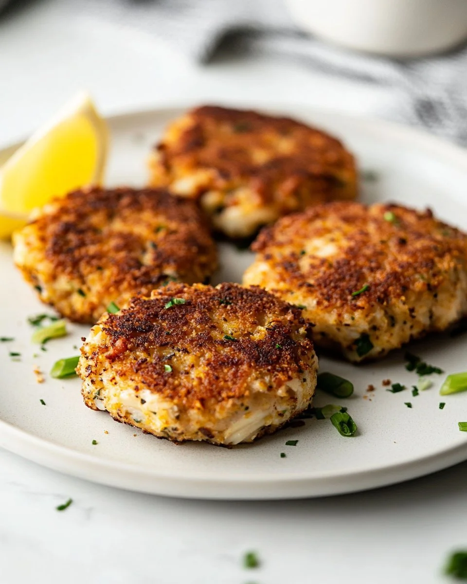 Delicious homemade crab cakes served on a plate with garnishes.