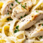 Creamy Chicken Fettuccine Alfredo served with parsley garnish