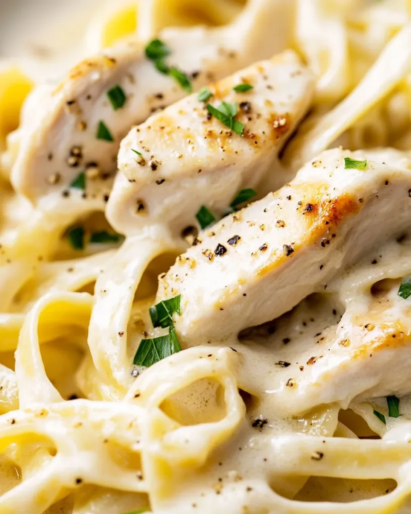 Creamy Chicken Fettuccine Alfredo served with parsley garnish