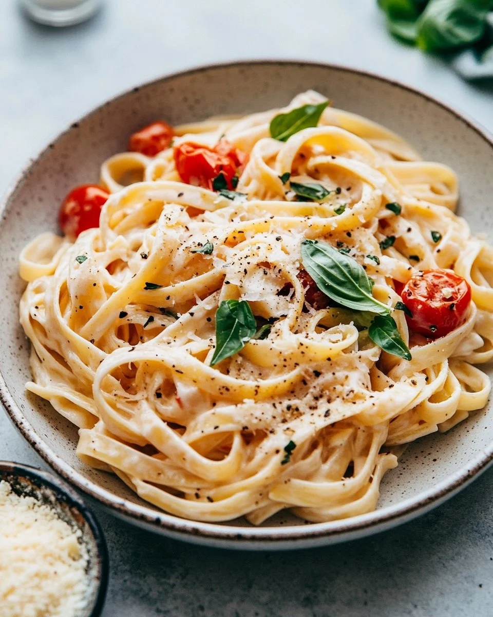 Creamy tomato garlic pasta garnished with fresh basil and Parmesan cheese