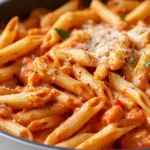 Delicious creamy tomato pasta served in a bowl with fresh basil