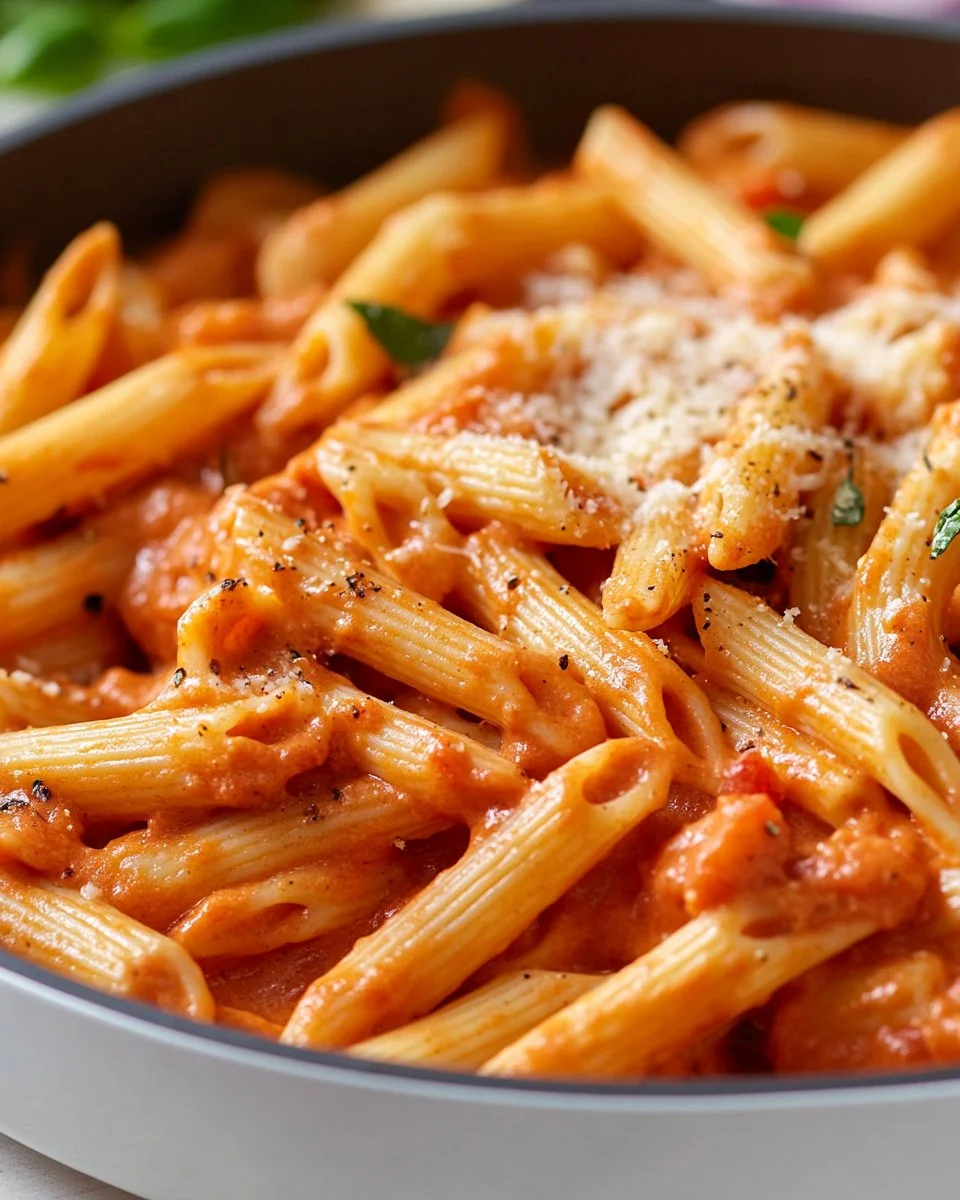 Delicious creamy tomato pasta served in a bowl with fresh basil