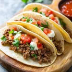 Crispy ground beef tacos served with fresh toppings and spices