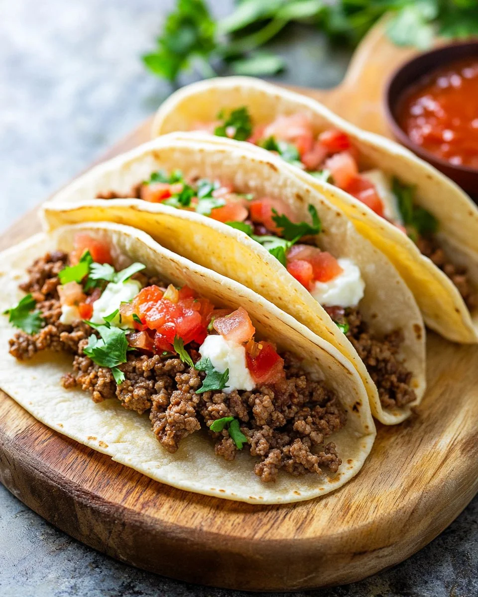 Crispy ground beef tacos served with fresh toppings and spices