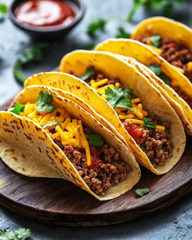 Plate of crispy ground beef tacos with fresh toppings