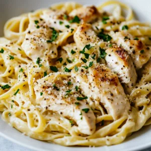 Crockpot Garlic Parmesan Chicken Pasta served in a bowl with herbs