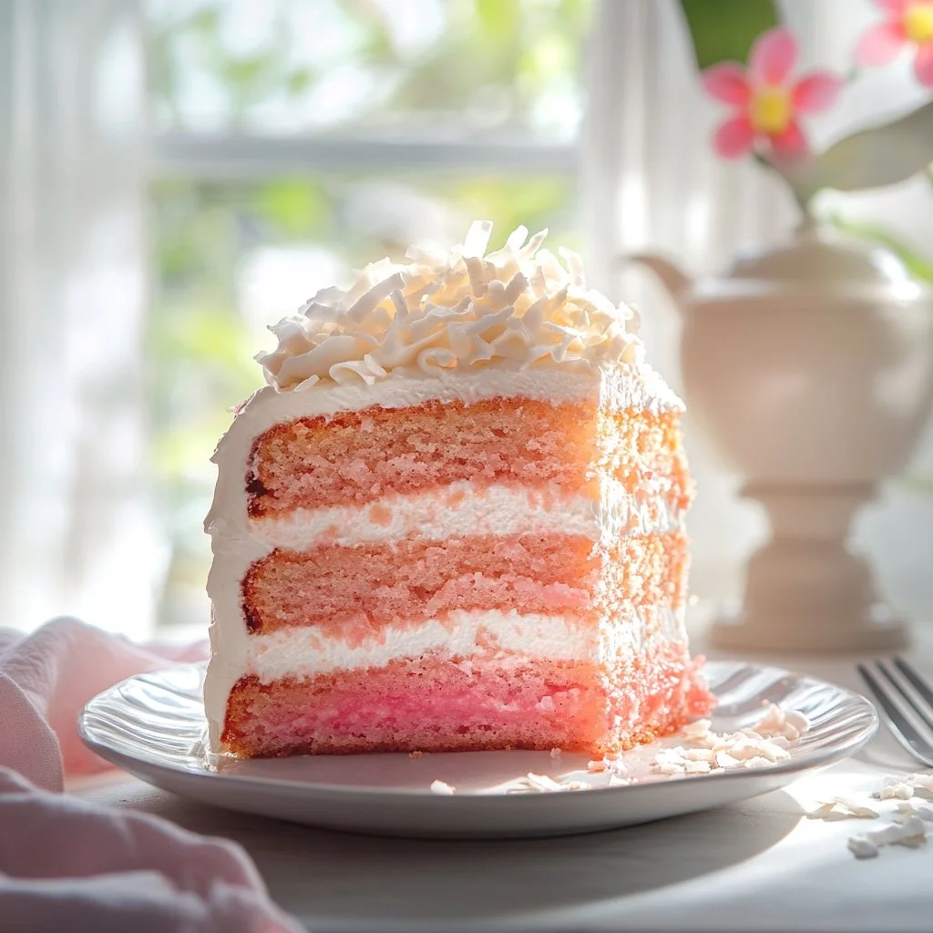 Decadent Hawaiian Guava Cake topped with fresh guava and coconut