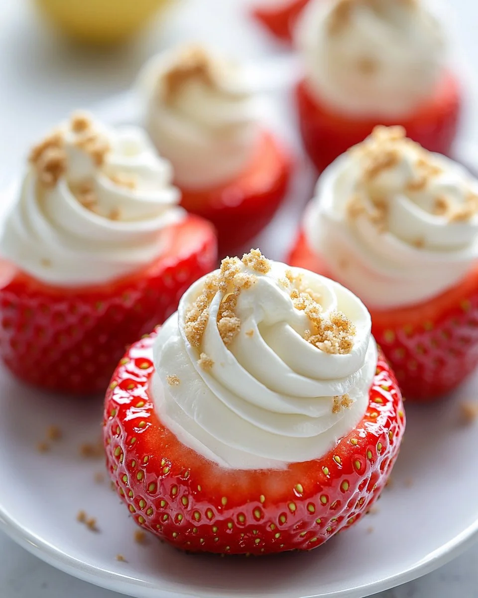 Deviled strawberries filled with cheesecake mixture on a white plate