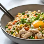 Plate of easy chicken fried rice with vegetables and chicken pieces