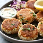 Delicious easy crab cakes served with lemon and herbs on a plate