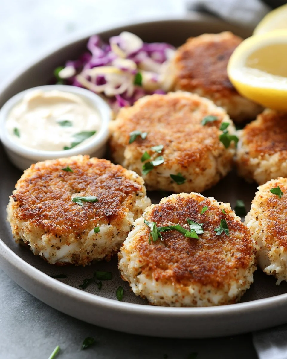 Delicious easy crab cakes served with lemon and herbs on a plate