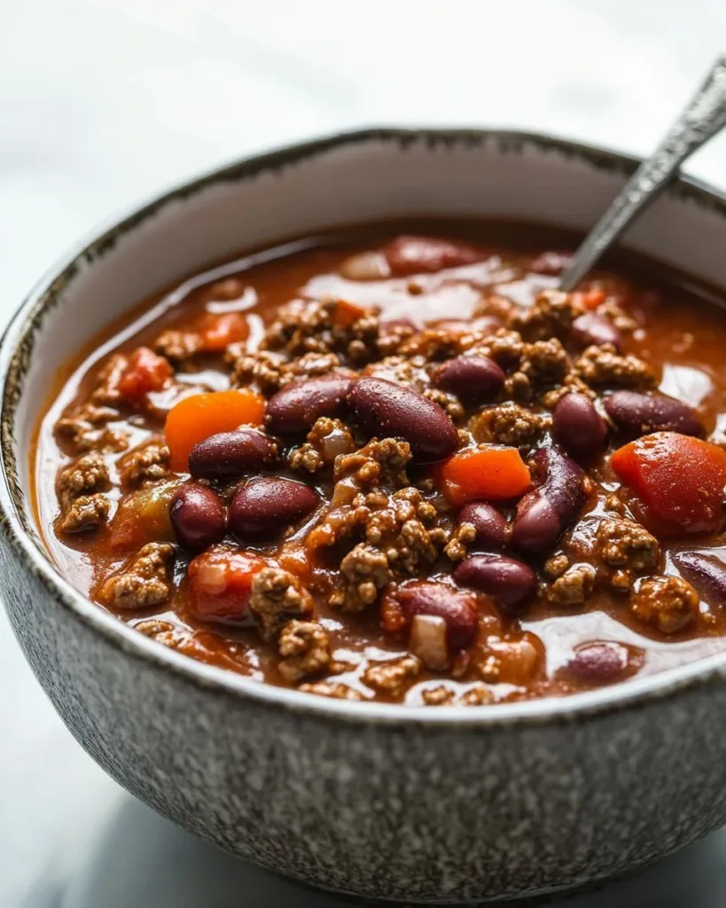 Easy Crockpot Chili Bowl of easy crockpot chili with beans and spices